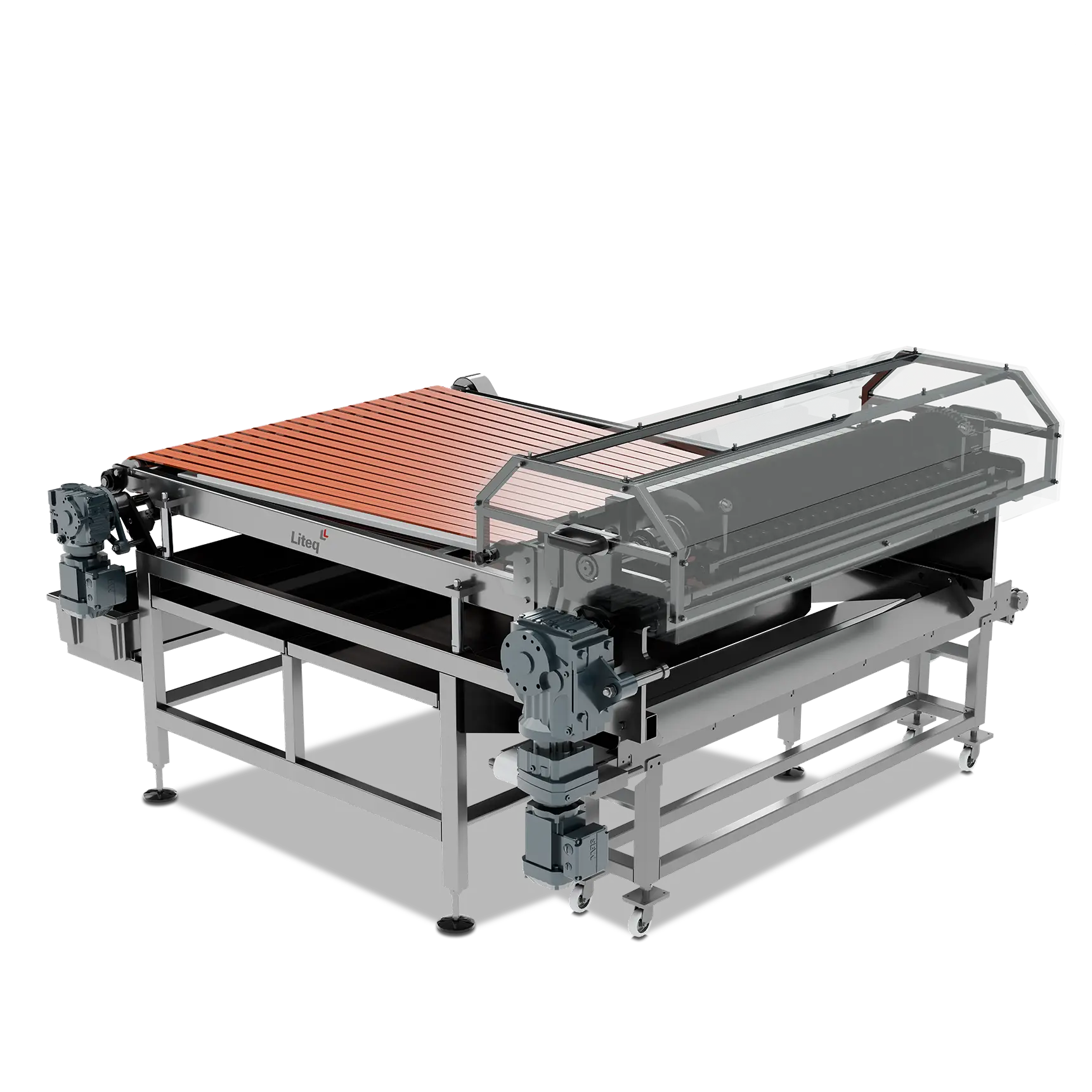 Mesa Extensora Liteq com esteira laranja para separação de produtos após corte longitudinal