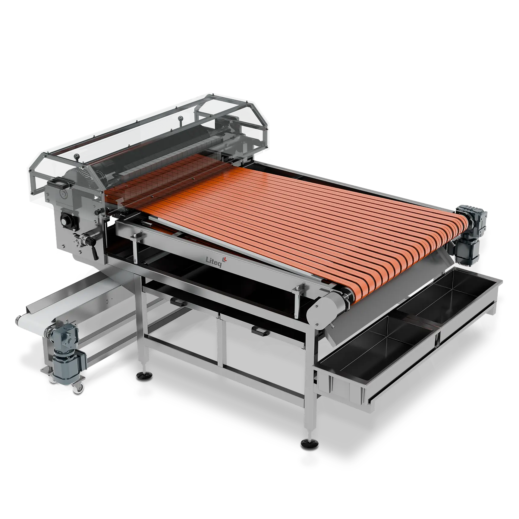 Mesa Extensora Liteq com esteira laranja para separação de produtos após corte longitudinal
