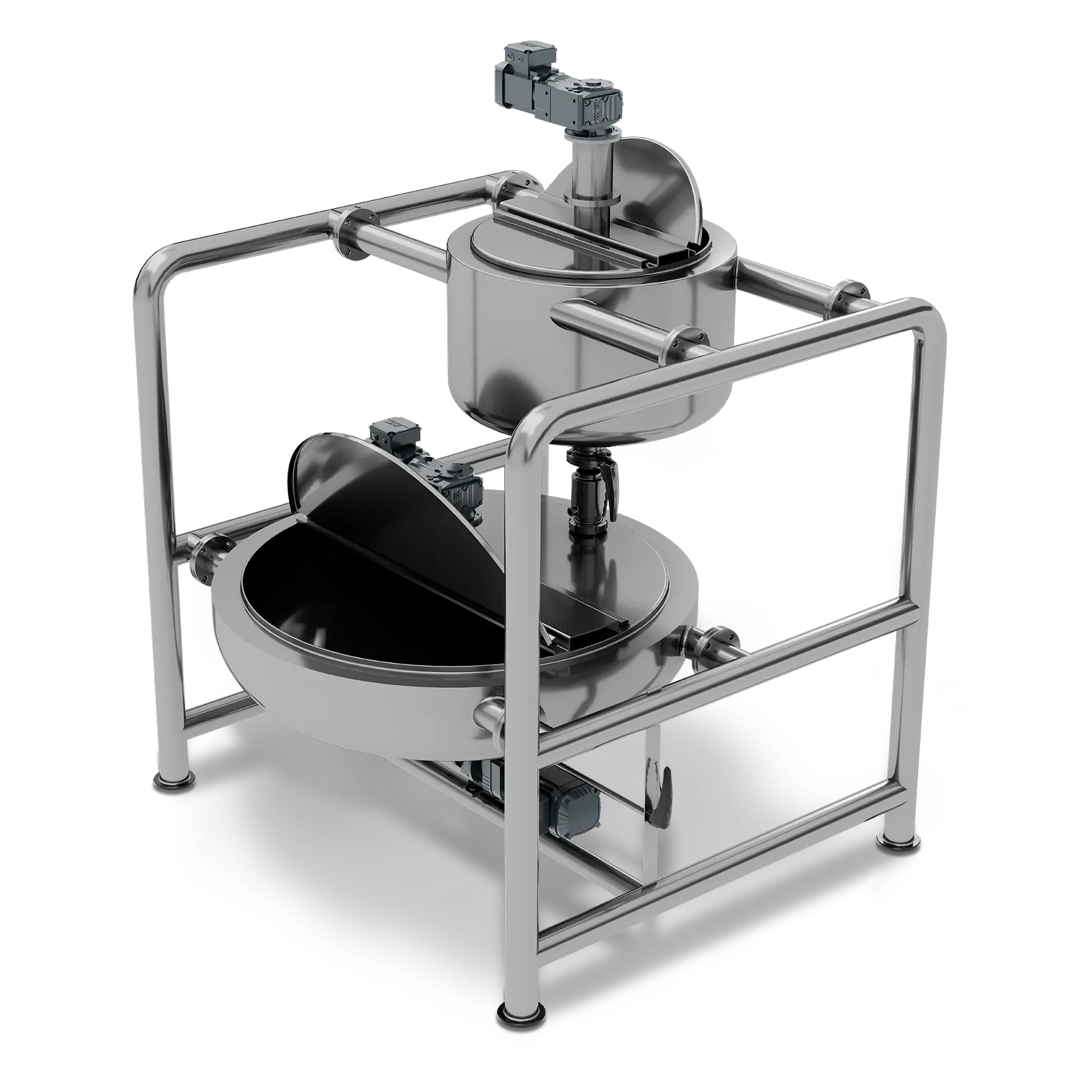Misturador industrial Liteq em aço inoxidável com estrutura de suporte e motores acoplados.