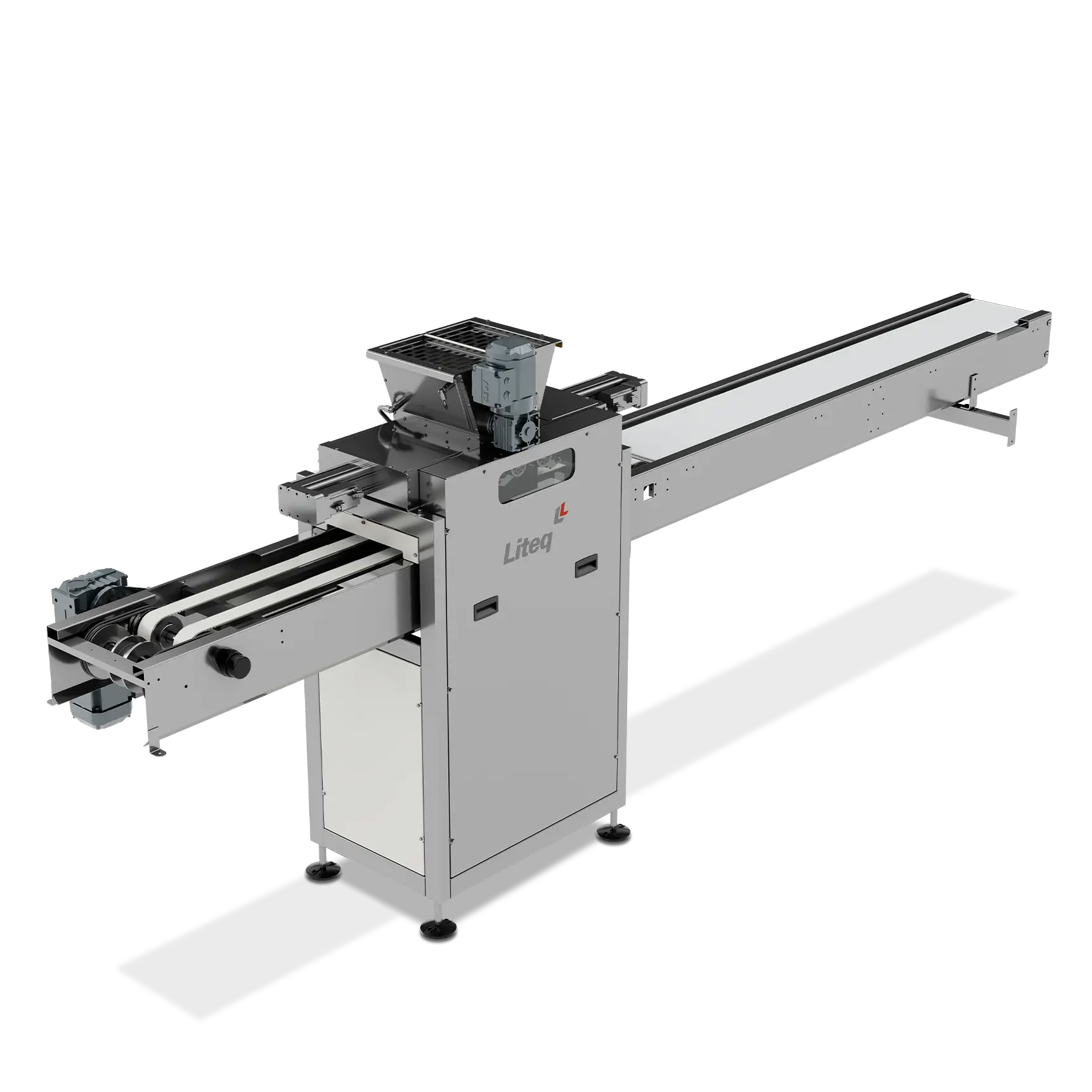 Máquina industrial Liteq com estrutura metálica, transportador de correia e compartimento de processamento fechado.