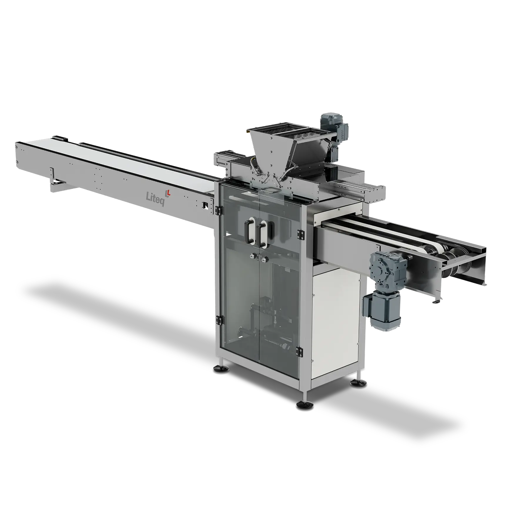 Máquina industrial Liteq com estrutura metálica, transportador de correia e compartimento de processamento fechado.