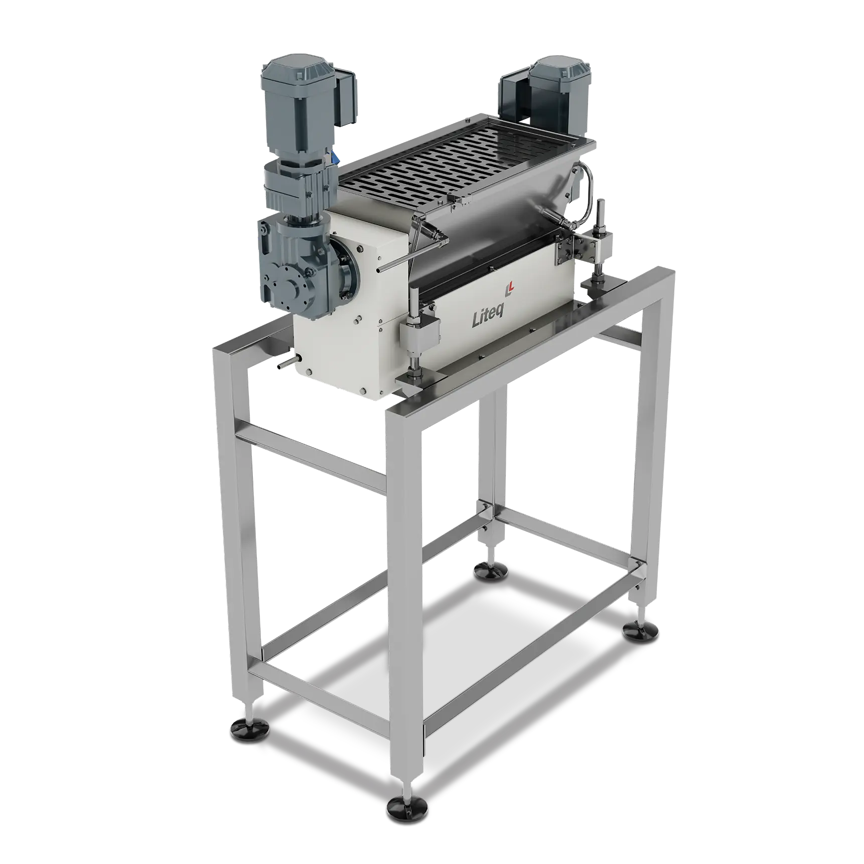 Equipamento industrial Liteq com estrutura metálica elevada e dois motores acoplados, utilizado para processos industriais.