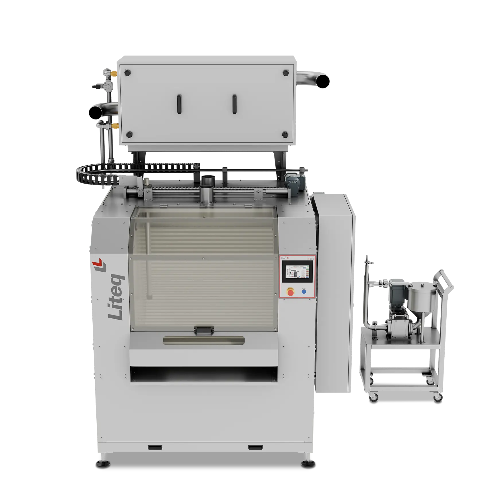 Equipamento Liteq para cobertura e polimento de produtos sólidos com chocolate ou xarope