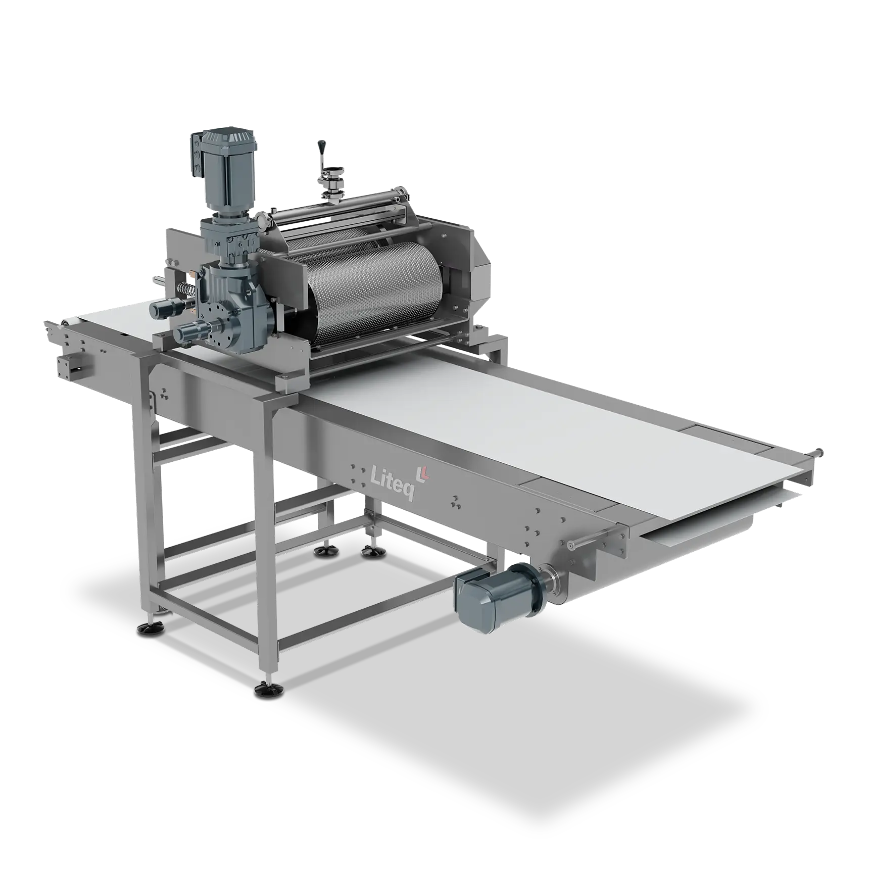 Máquina industrial Liteq com rolo texturizado e esteira transportadora.