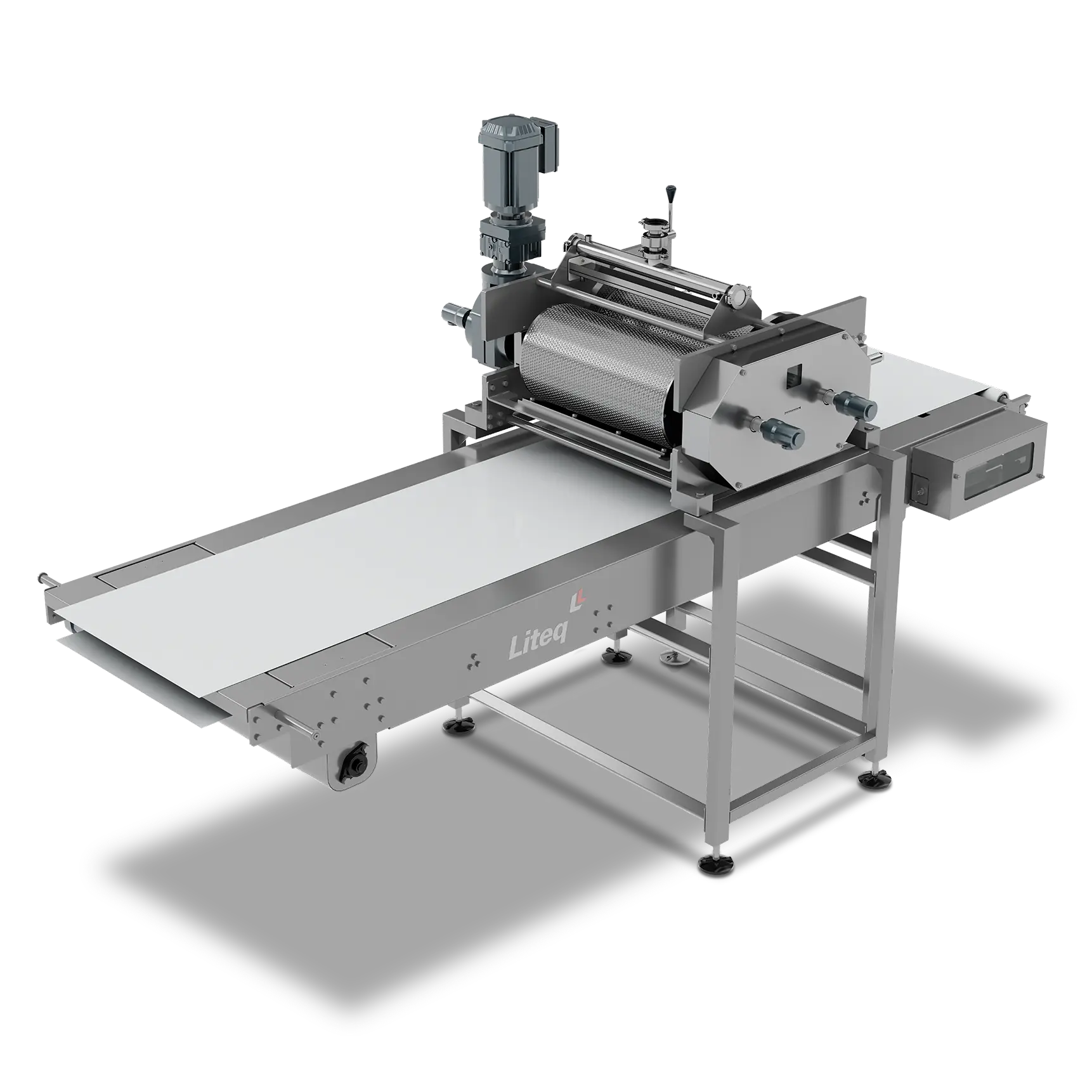 Máquina industrial Liteq com rolo texturizado e esteira transportadora.